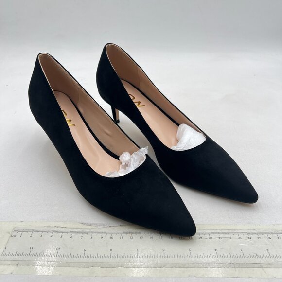 YDN Black Kitten Heeled Pumps Pointed Toe Dress Shoes for Office Lady Soft Suede - Picture 4 of 8
